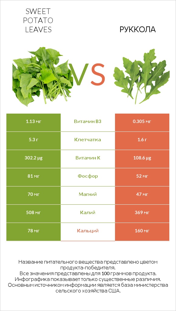 Листья сладкого картофеля vs Руккола infographic