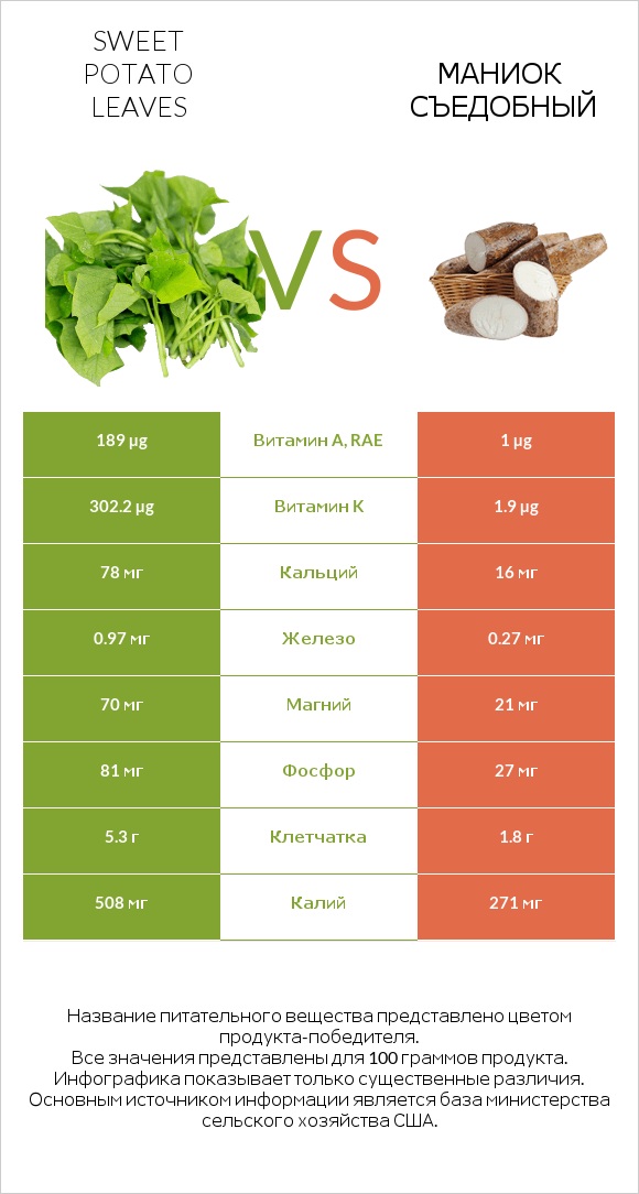 Sweet potato leaves vs Маниок съедобный infographic