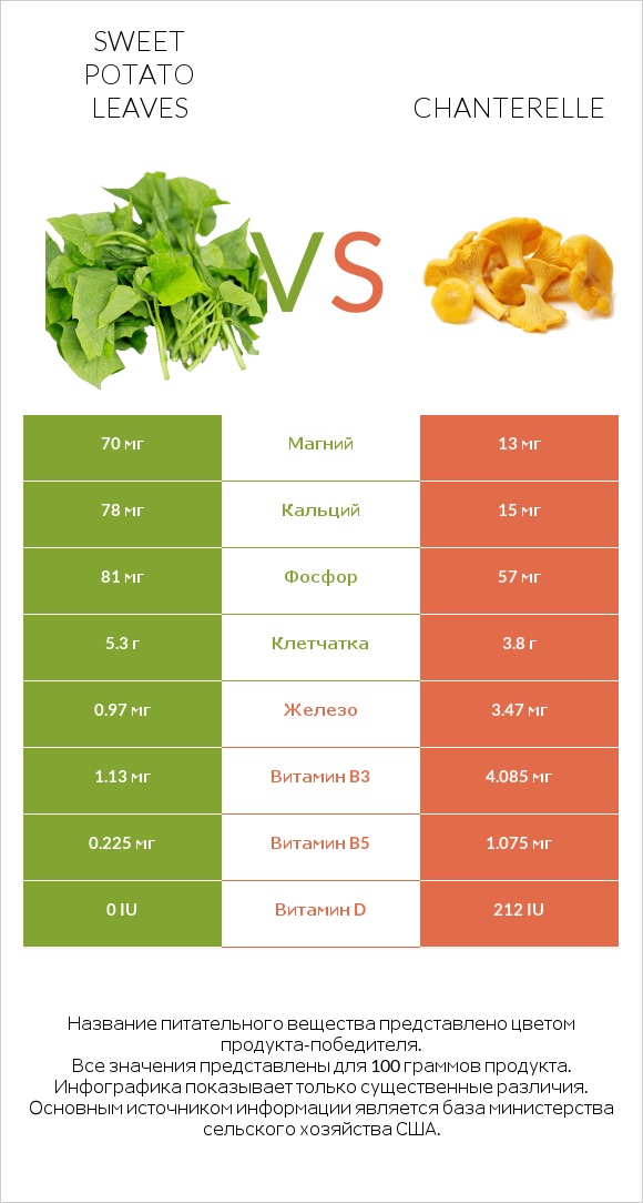 Sweet potato leaves vs Chanterelle infographic