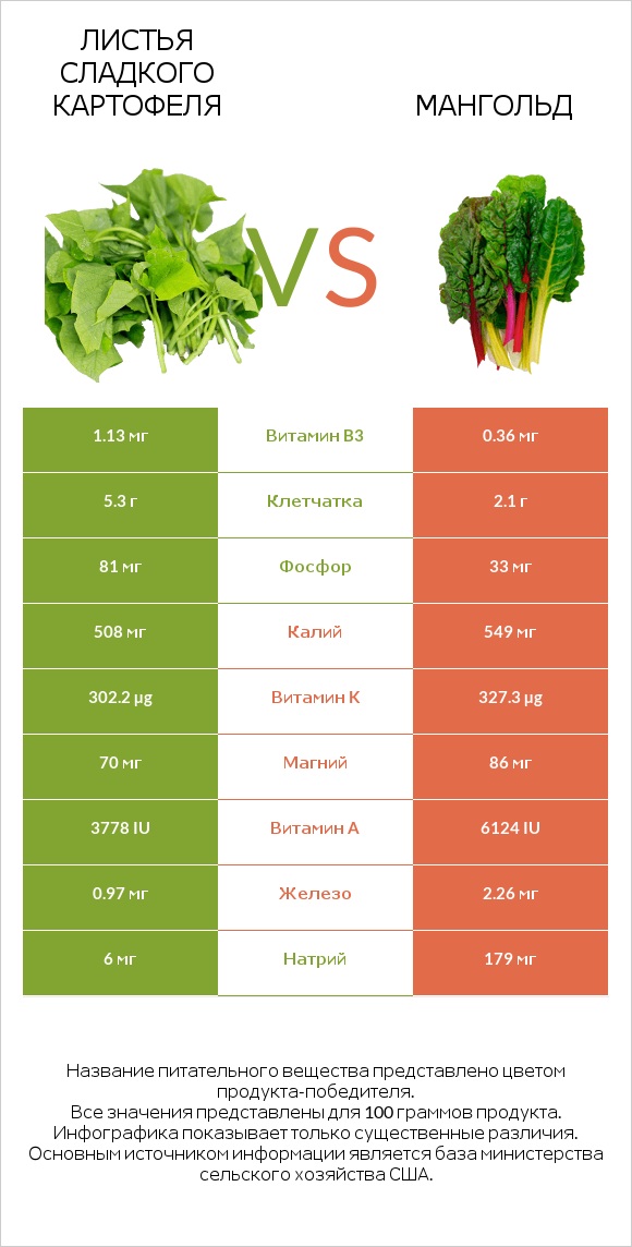 Листья сладкого картофеля vs Мангольд infographic