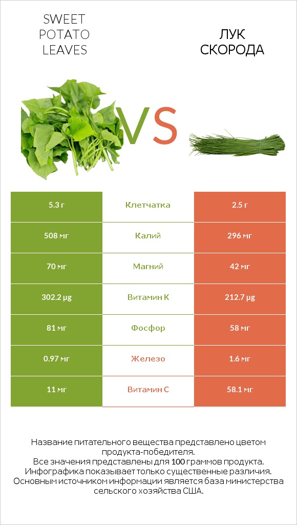Sweet potato leaves vs Лук скорода infographic