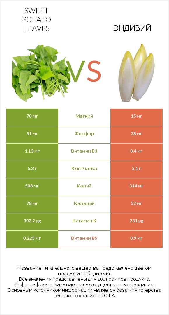 Sweet potato leaves vs Эндивий infographic