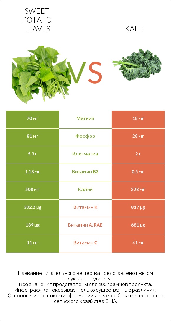 Sweet potato leaves vs Kale infographic