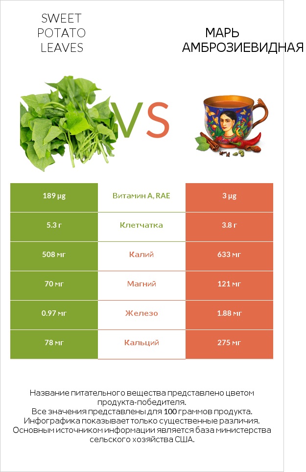 Sweet potato leaves vs Марь амброзиевидная infographic