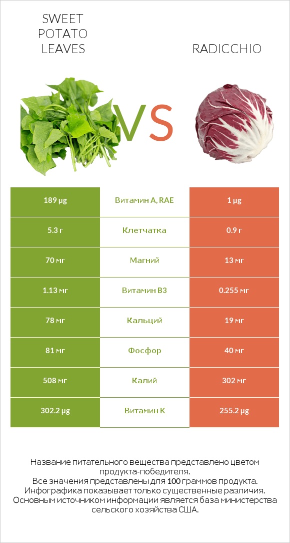 Sweet potato leaves vs Radicchio infographic