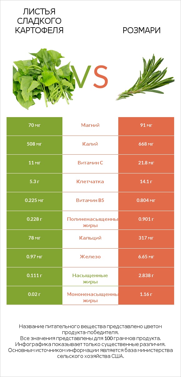 Листья сладкого картофеля vs Розмари infographic