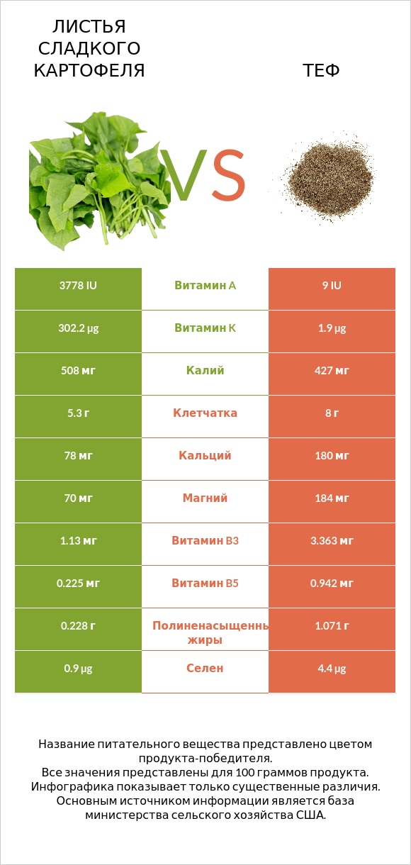 Листья сладкого картофеля vs Теф infographic