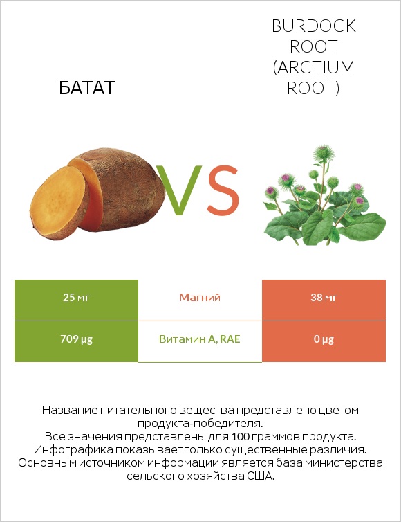 Батат vs Burdock root infographic