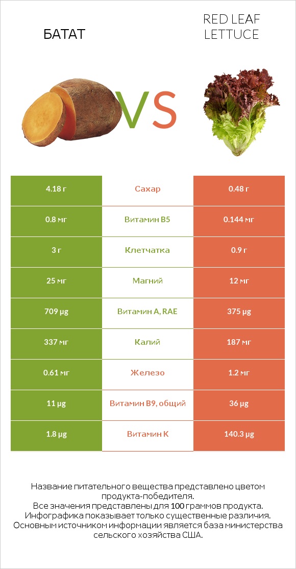 Батат vs Red leaf lettuce infographic