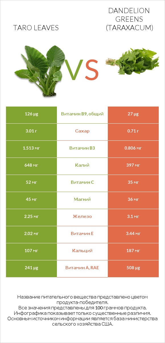 Taro leaves vs Dandelion greens infographic