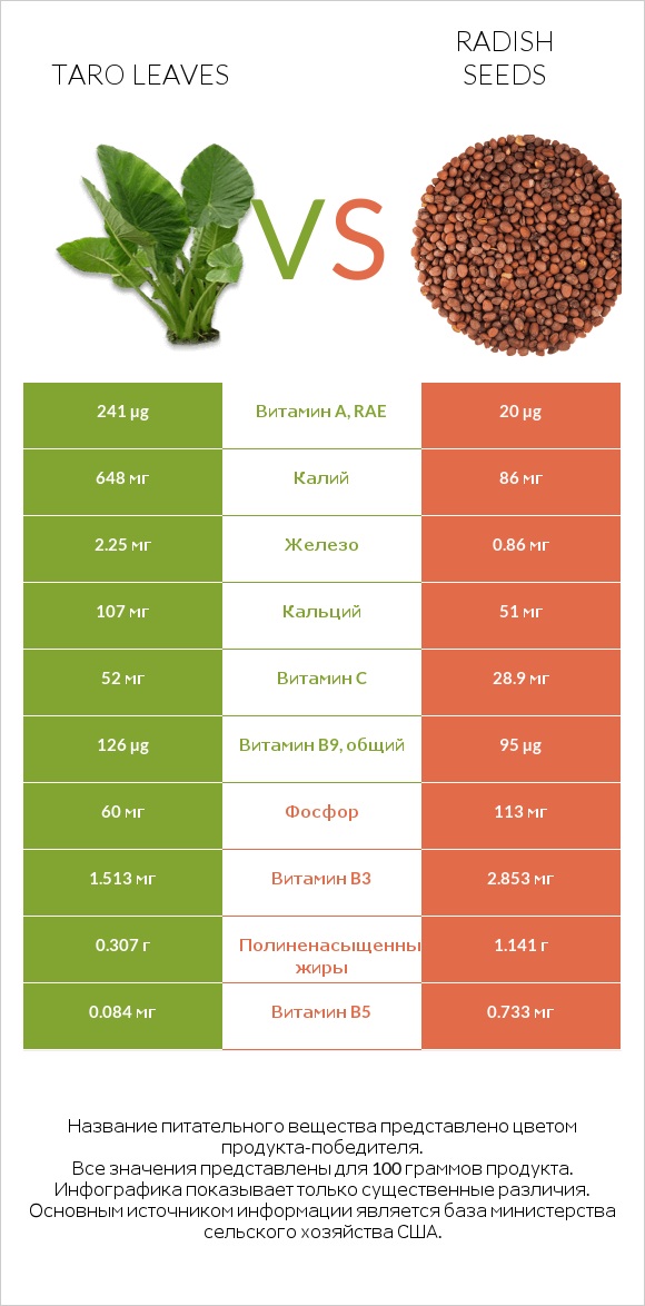 Taro leaves vs Radish seeds infographic