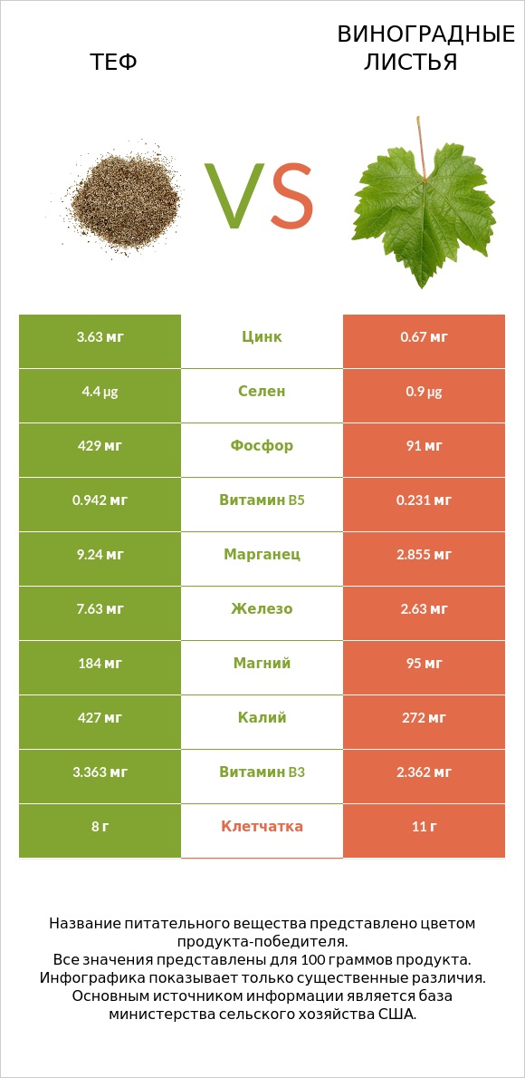 Теф vs Виноградные листья infographic
