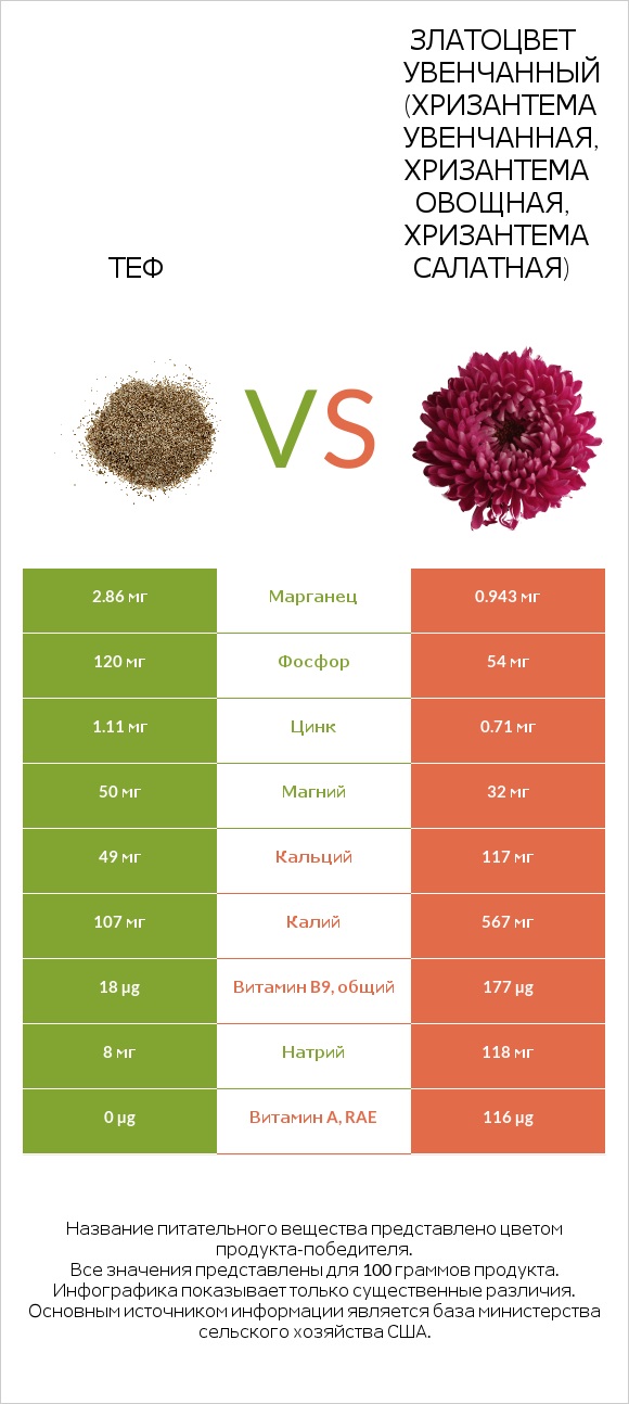 Теф vs Златоцвет увенчанный (хризантема увенчанная, хризантема овощная, хризантема салатная) infographic