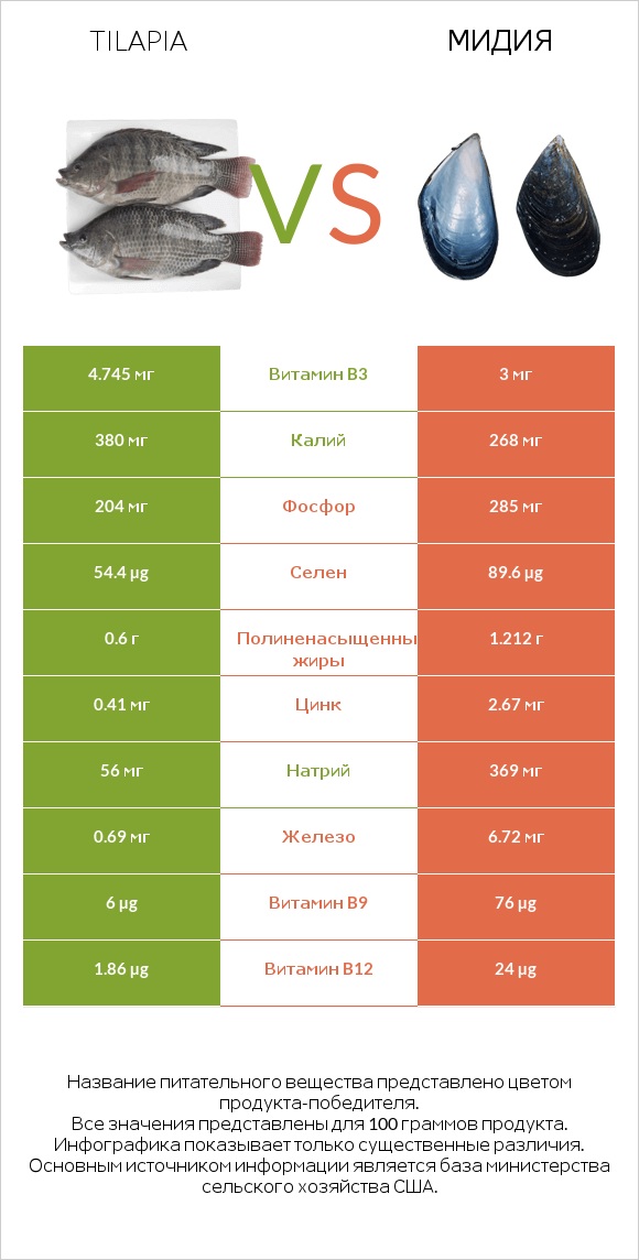 Tilapia vs Мидия infographic