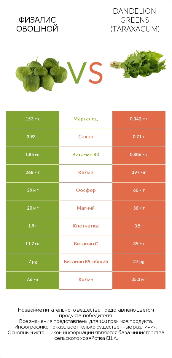 Физалис овощной vs Dandelion greens infographic