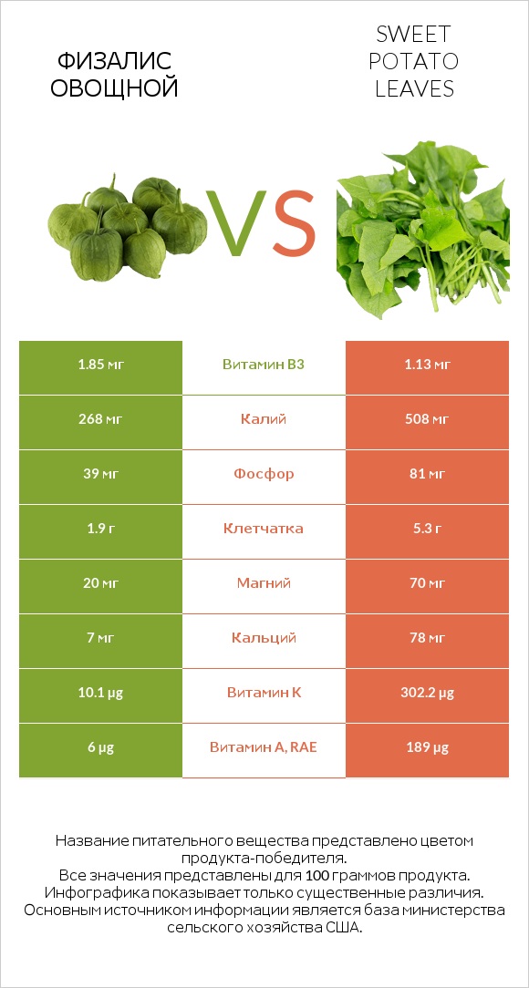 Физалис овощной vs Sweet potato leaves infographic