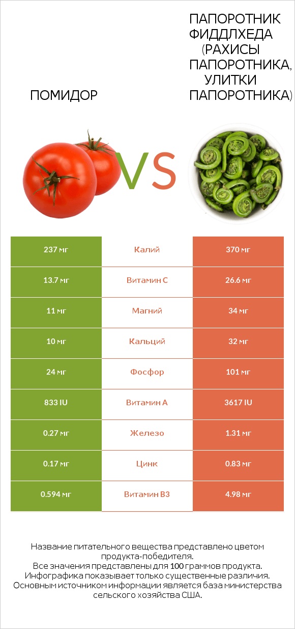 Помидор  vs Папоротник Фиддлхеда (Рахисы папоротника, улитки папоротника) infographic