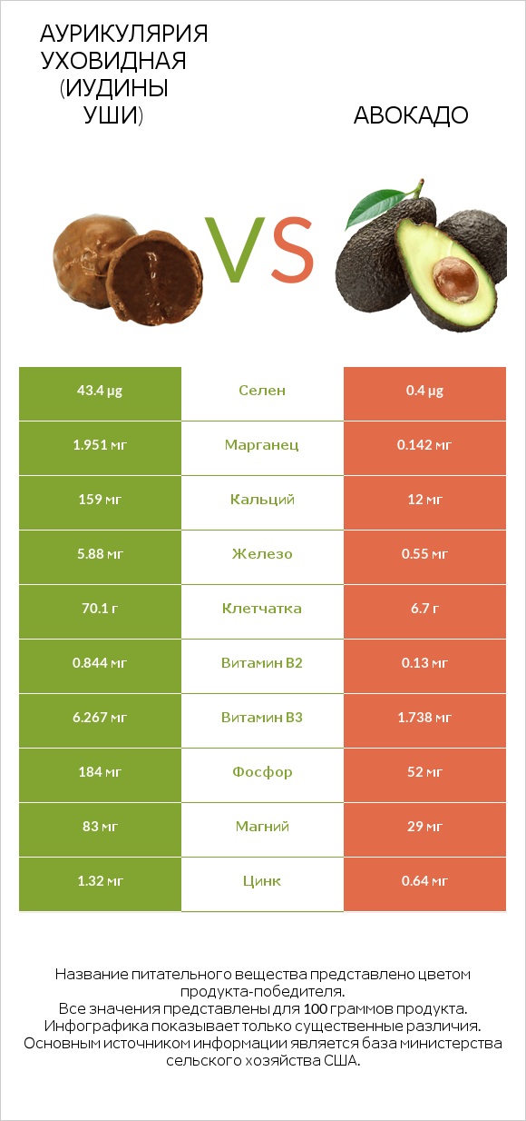 Аурикулярия уховидная (Иудины уши) vs Авокадо infographic