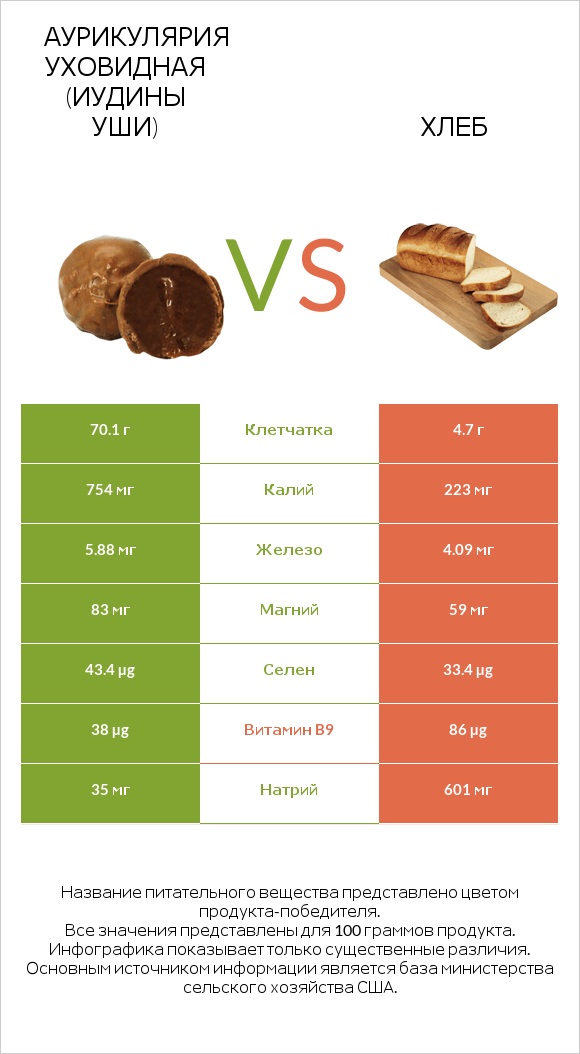 Аурикулярия уховидная (Иудины уши) vs Хлеб infographic