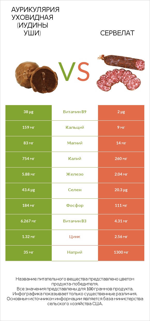 Аурикулярия уховидная (Иудины уши) vs Сервелат infographic