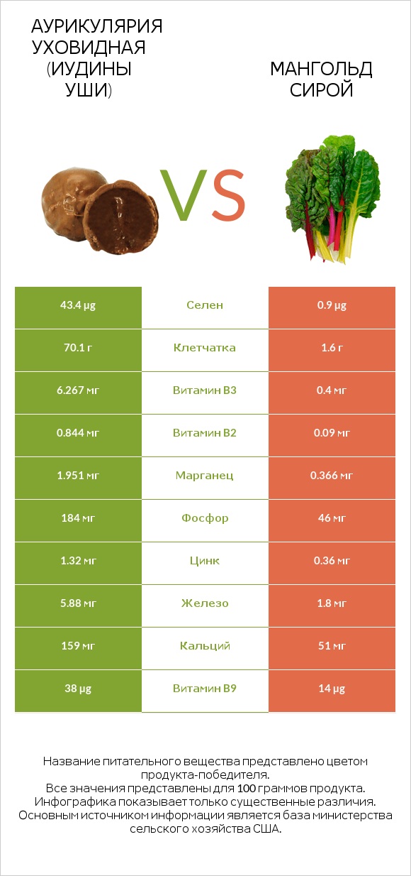 Аурикулярия уховидная (Иудины уши) vs Мангольд сирой infographic