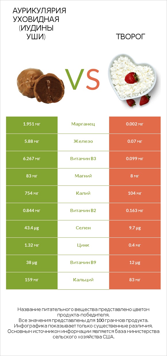 Аурикулярия уховидная (Иудины уши) vs Творог infographic