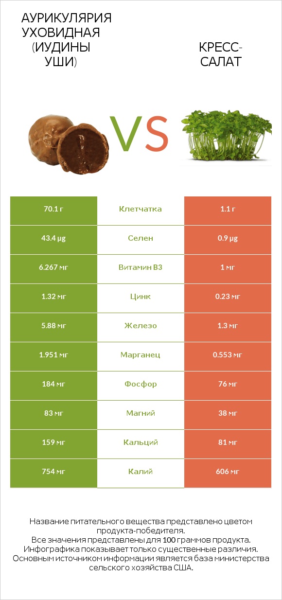 Аурикулярия уховидная (Иудины уши) vs Кресс-салат infographic