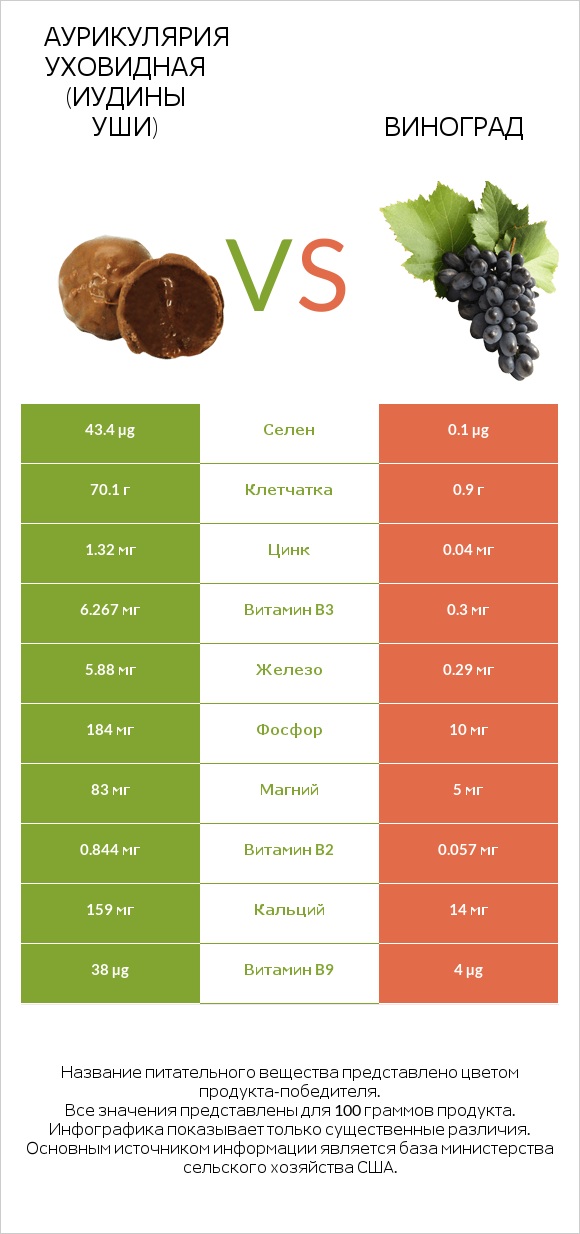 Аурикулярия уховидная (Иудины уши) vs Виноград infographic