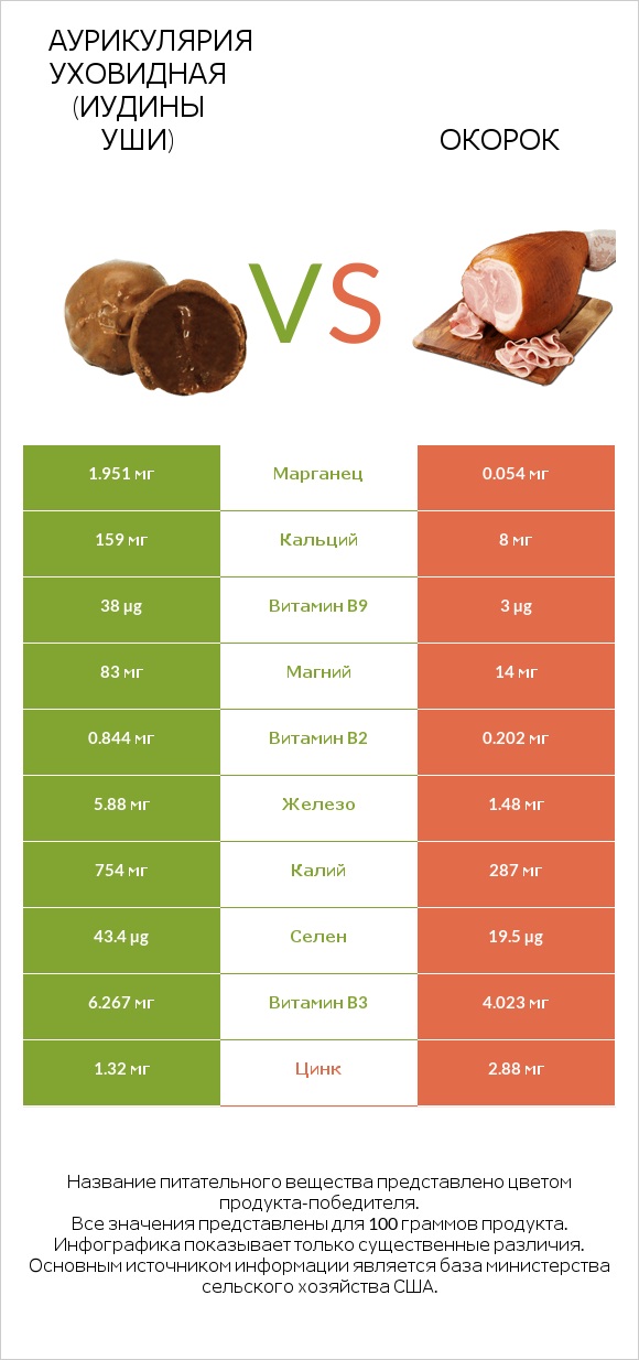 Аурикулярия уховидная (Иудины уши) vs Окорок infographic