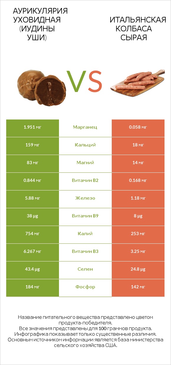 Аурикулярия уховидная (Иудины уши) vs Итальянская колбаса сырая infographic