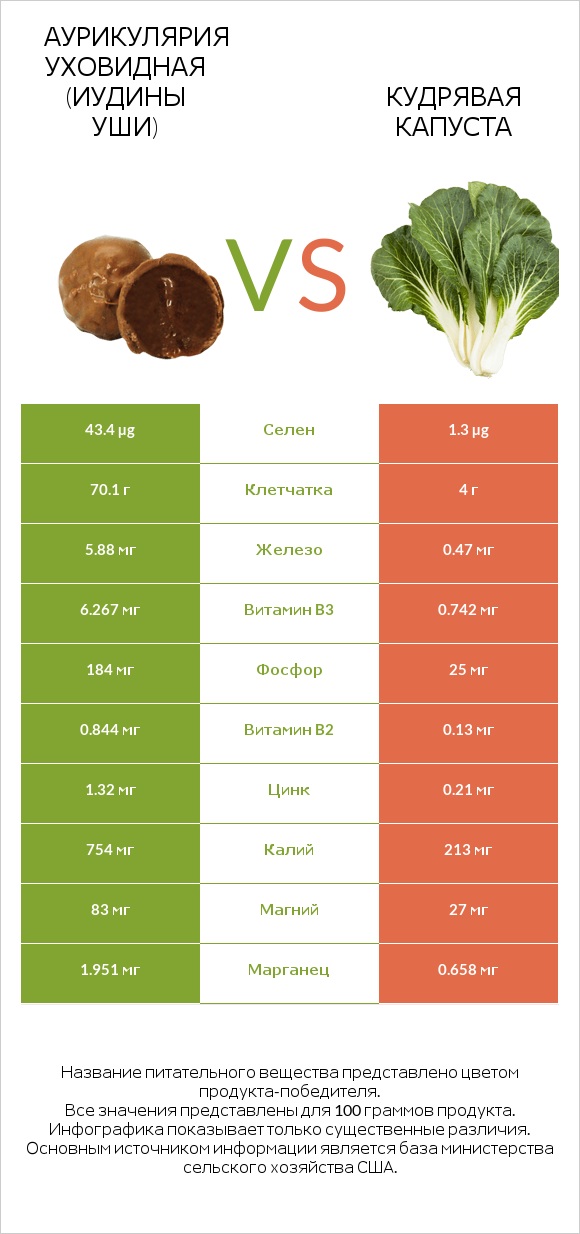 Аурикулярия уховидная (Иудины уши) vs Кудрявая капуста infographic