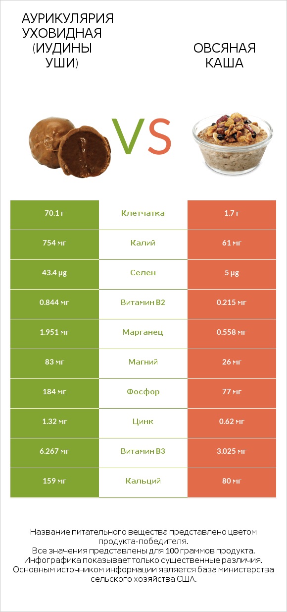 Аурикулярия уховидная (Иудины уши) vs Овсяная каша infographic