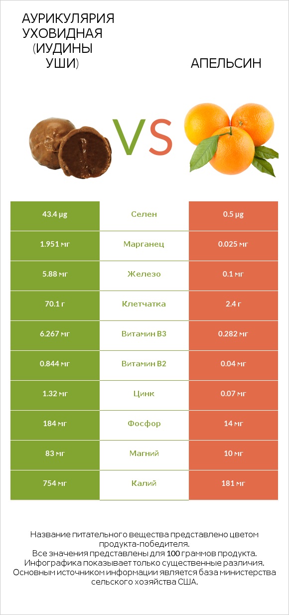 Аурикулярия уховидная (Иудины уши) vs Апельсин infographic