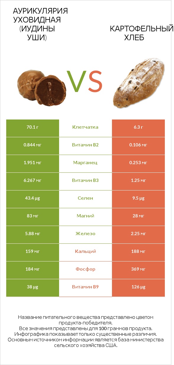 Аурикулярия уховидная (Иудины уши) vs Картофельный хлеб infographic