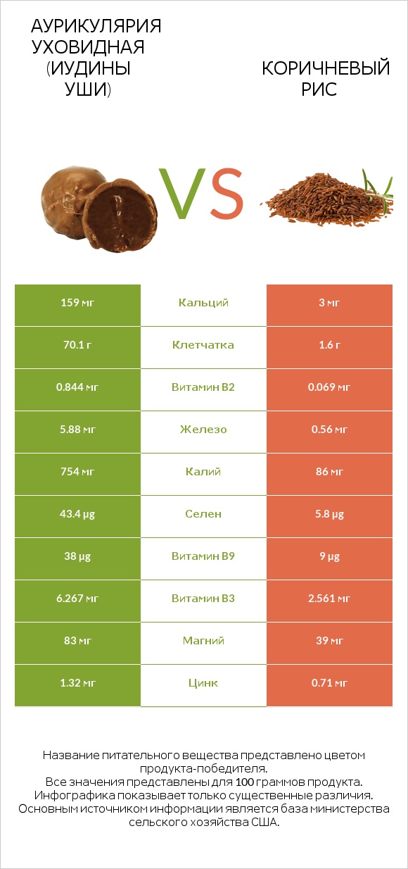 Аурикулярия уховидная (Иудины уши) vs Коричневый рис infographic