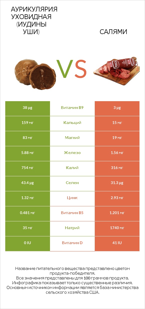 Аурикулярия уховидная (Иудины уши) vs Салями infographic