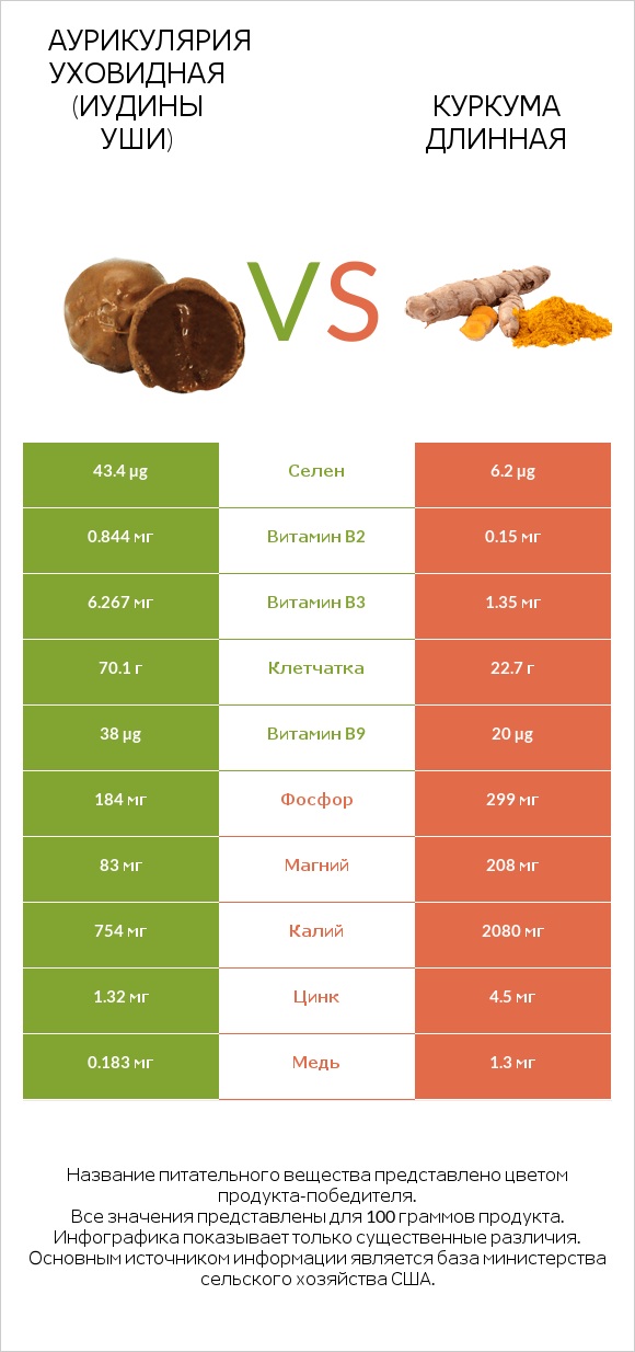 Аурикулярия уховидная (Иудины уши) vs Куркума длинная infographic