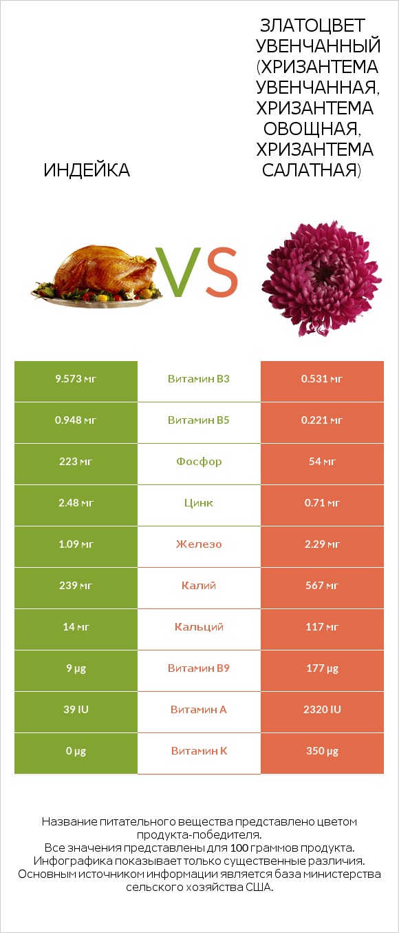 Индейка vs Златоцвет увенчанный (хризантема увенчанная, хризантема овощная, хризантема салатная) infographic