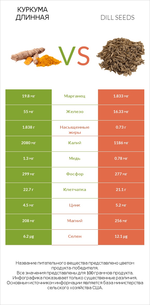 Куркума длинная vs Dill seeds infographic