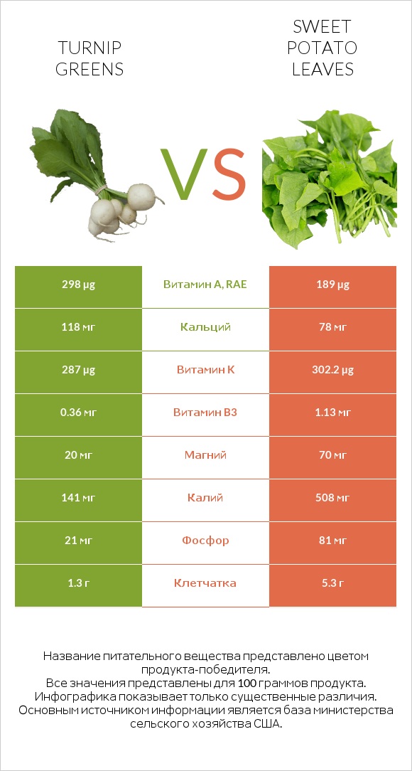 Turnip greens vs Sweet potato leaves infographic
