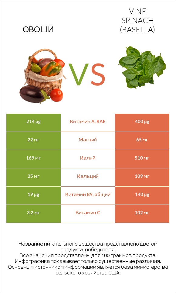 Овощи vs Vine spinach (basella) infographic