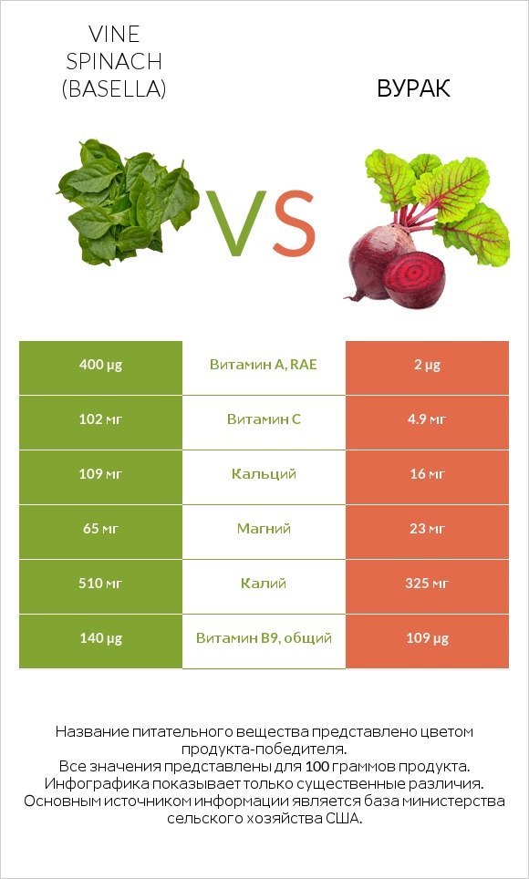 Vine spinach (basella) vs Вурак infographic