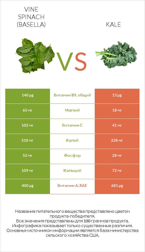 Vine spinach (basella) vs Kale infographic