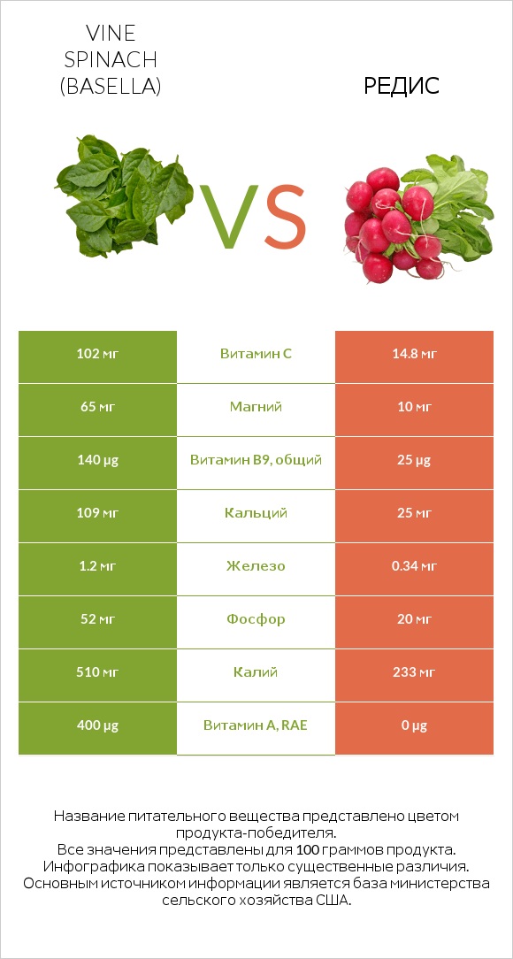 Vine spinach (basella) vs Редис infographic