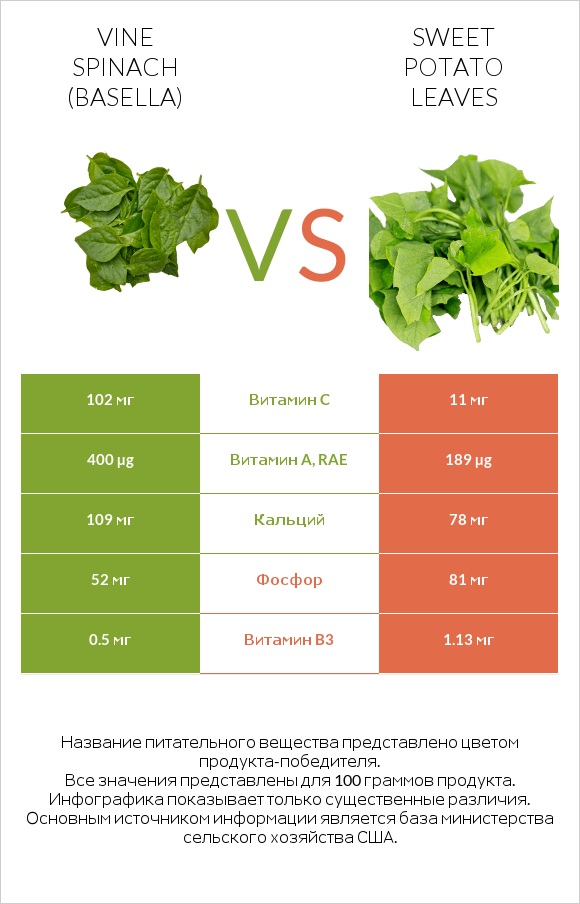 Vine spinach (basella) vs Sweet potato leaves infographic