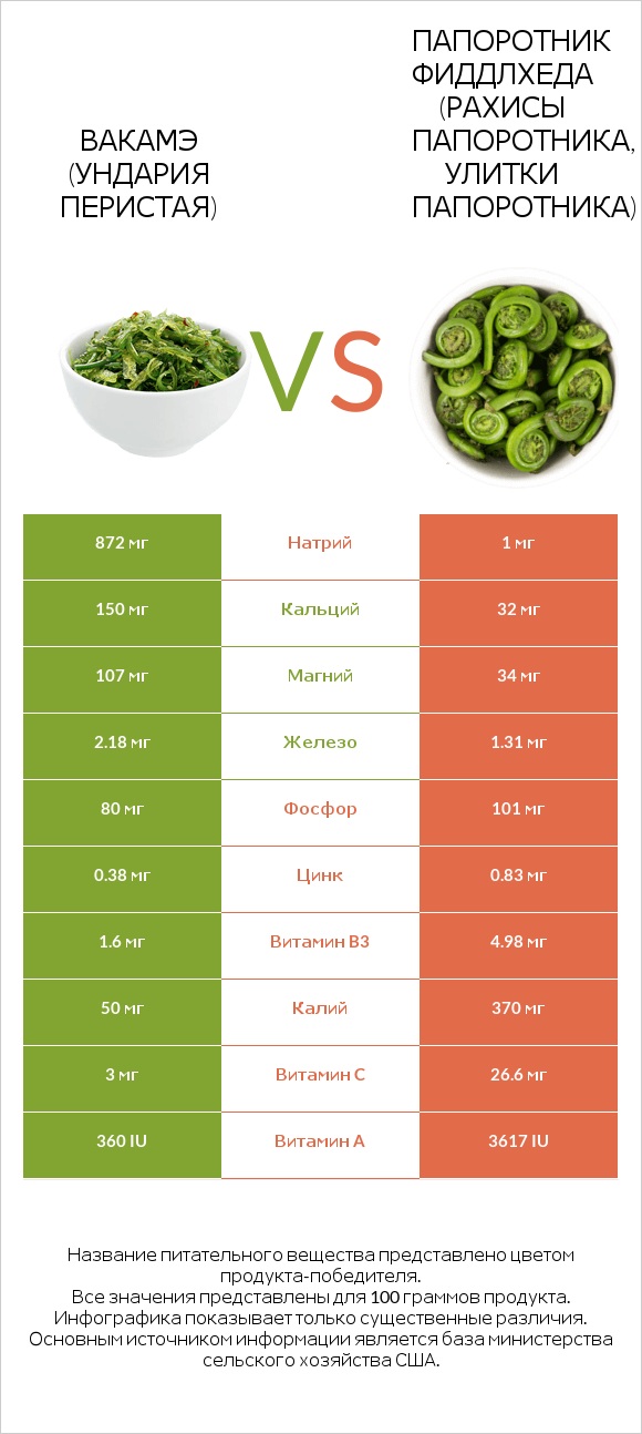 Вакамэ (ундария перистая) vs Папоротник Фиддлхеда (Рахисы папоротника, улитки папоротника) infographic