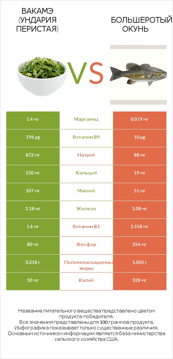 Вакамэ (ундария перистая) vs Большеротый окунь infographic