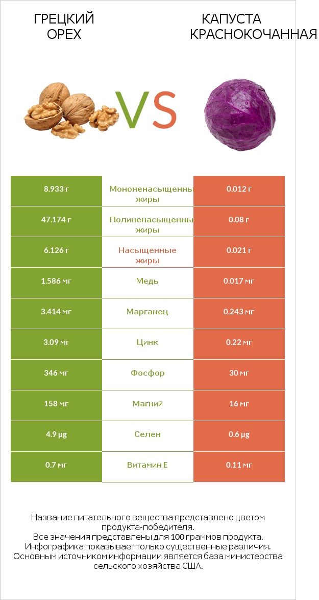 Грецкий орех vs Капуста краснокочанная infographic