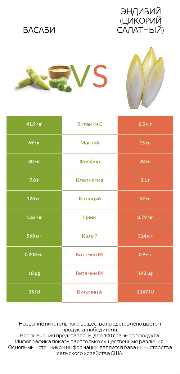 Васаби vs Эндивий (Цикорий салатный)  infographic