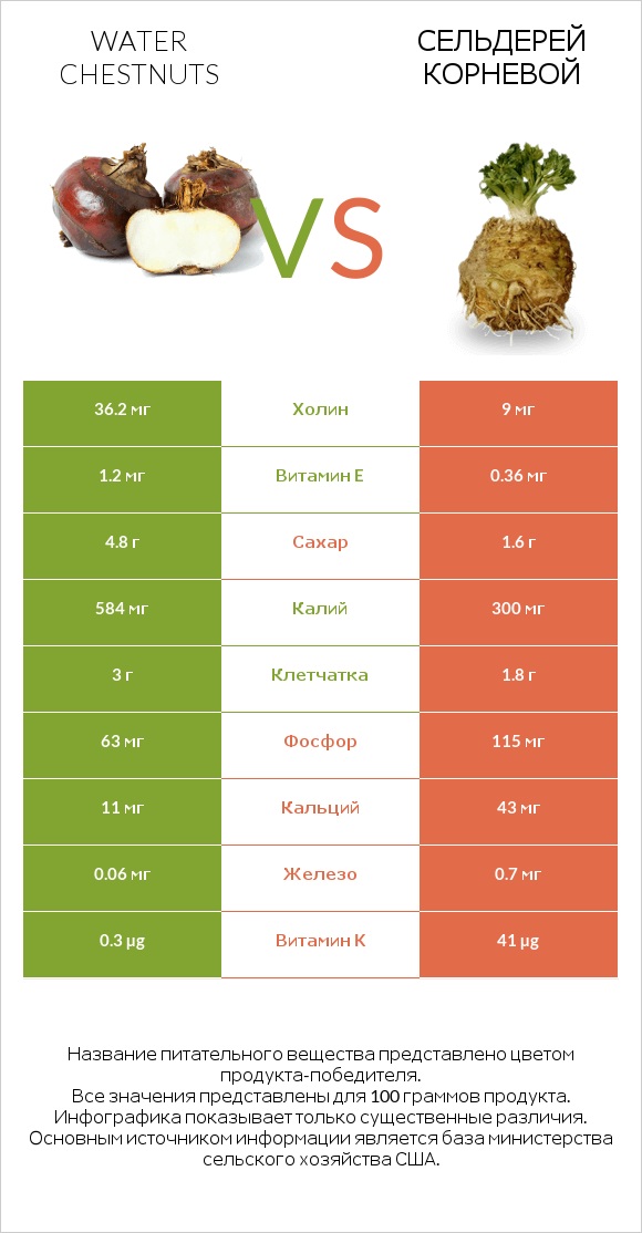 Water chestnuts vs Сельдерей корневой infographic
